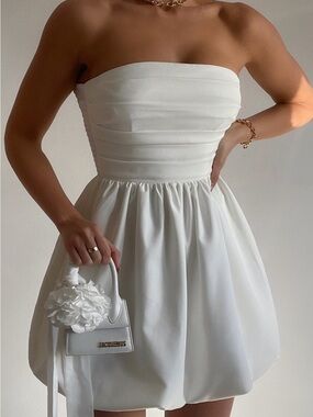 SHOWPO Shaima Strapless
Bubble Hem Mini Dress In White